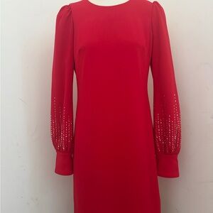 Calvin Klein Red Long Sleeve Dress with Embellished Cuffs